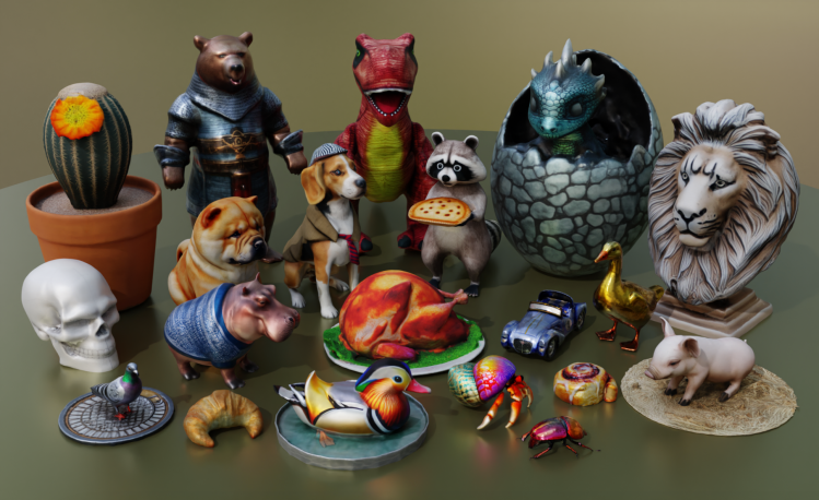 图片 1：Meta 的 3D Gen 系统展示了其多功能性，从奇幻生物到日常物品，生产出一系列多样化的详细数字资产。（图片来源：Meta）